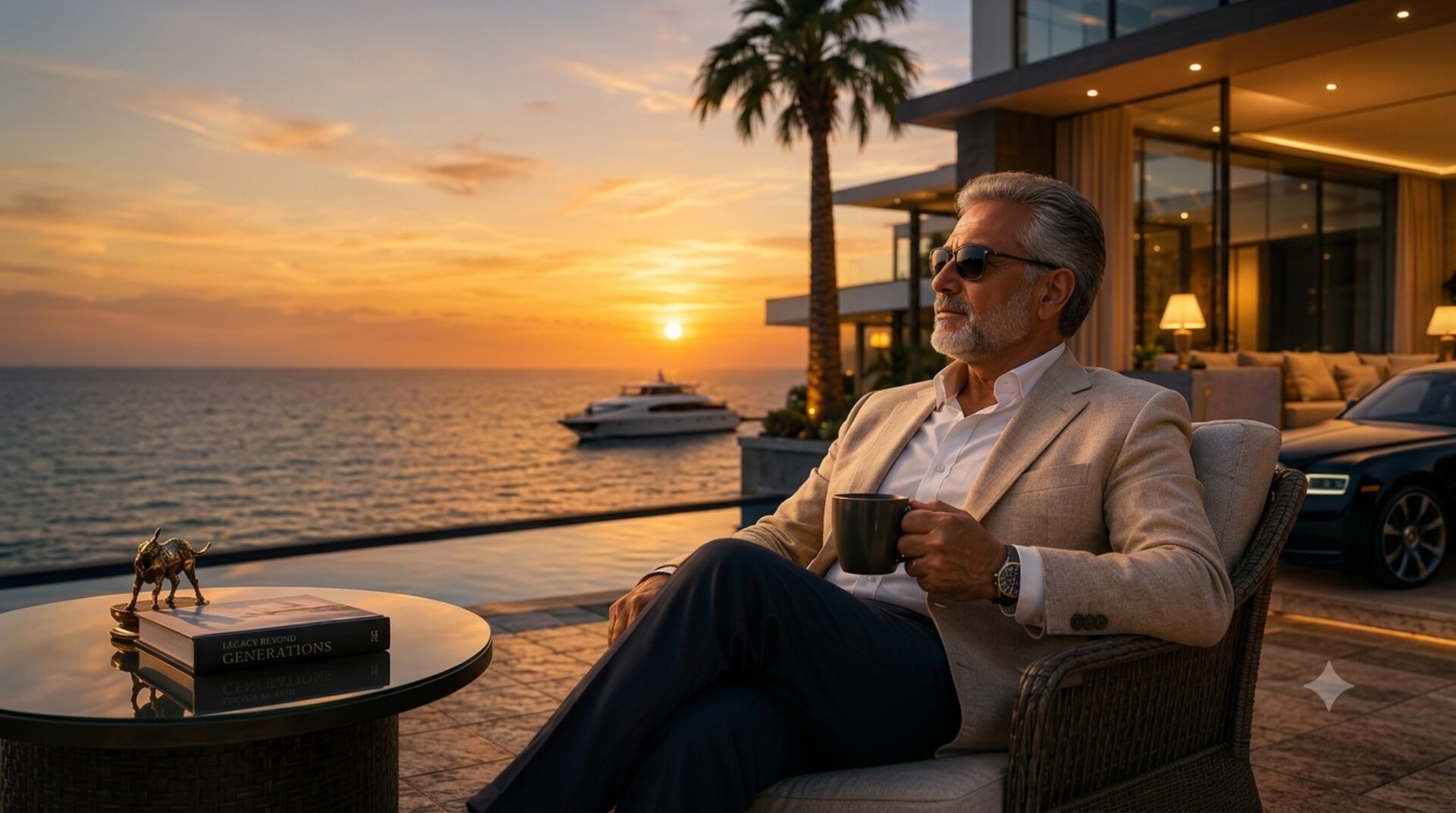 A distinguished older man enjoying coffee on his yacht-side terrace at sunset