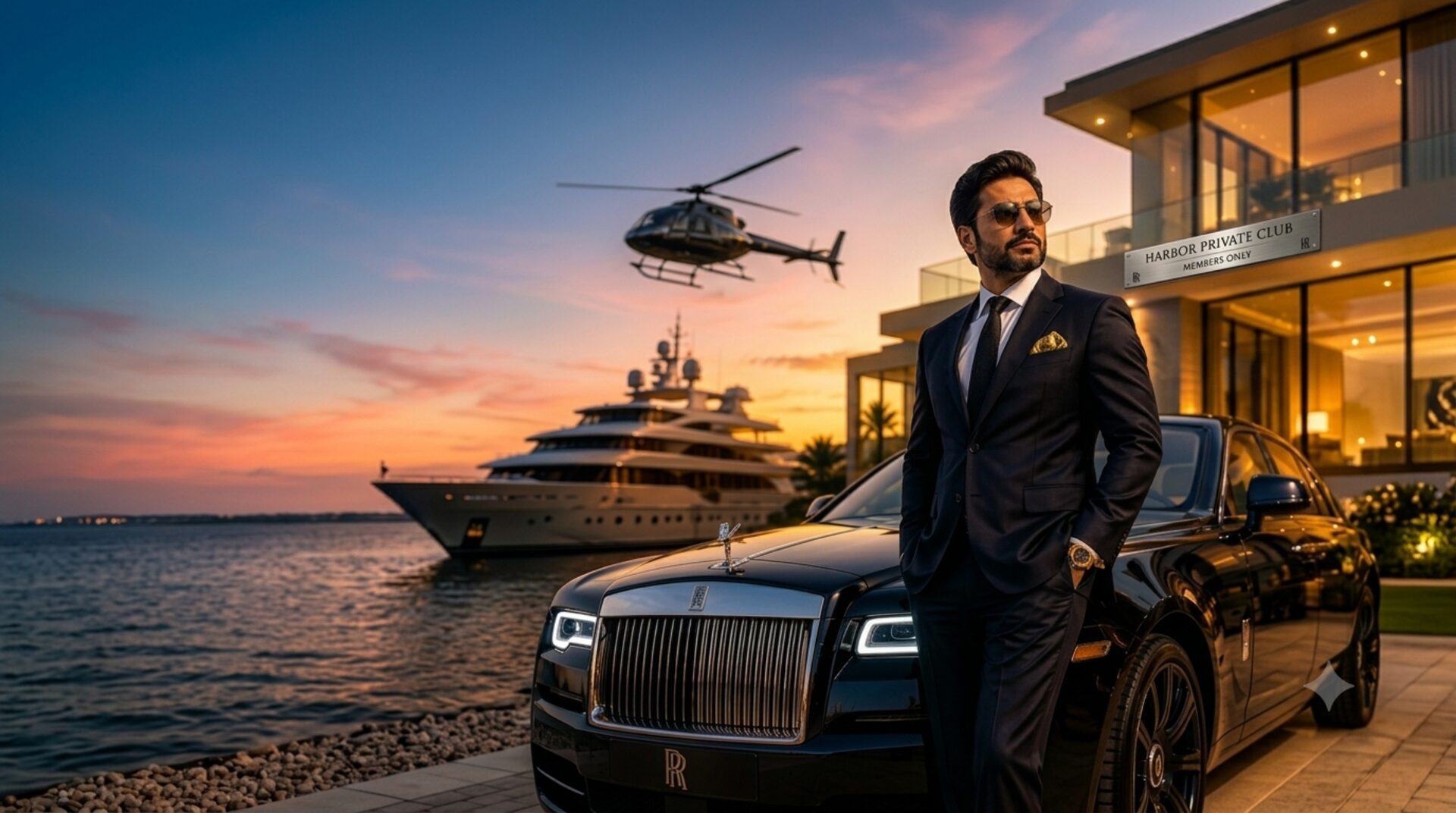 A businessman beside his luxury car at a private harbour club, with a yacht and helicopter in view